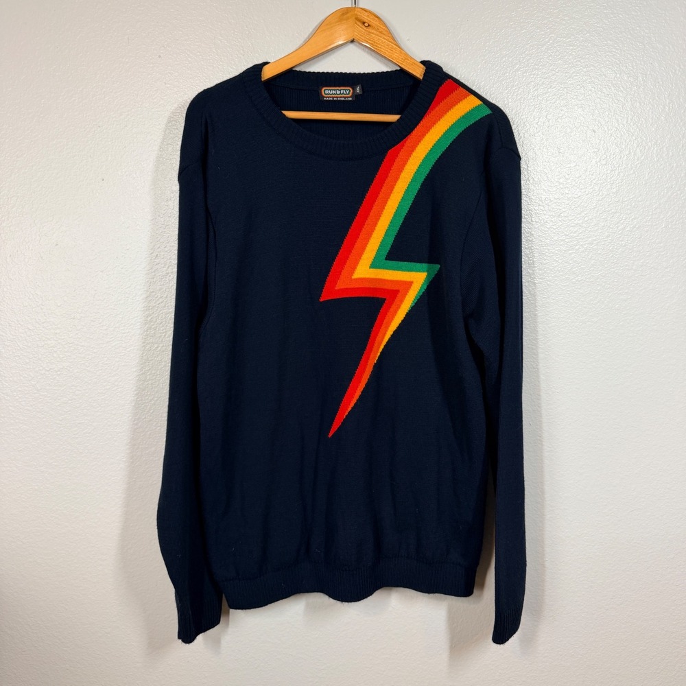 Run & Fly Sweater Mens XXL Blue Lightning Bolt Knit Retro Mod Indie Rainbow